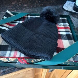 Nine West Black Knit Beanie with Pom-Pom and vibrant scarf set